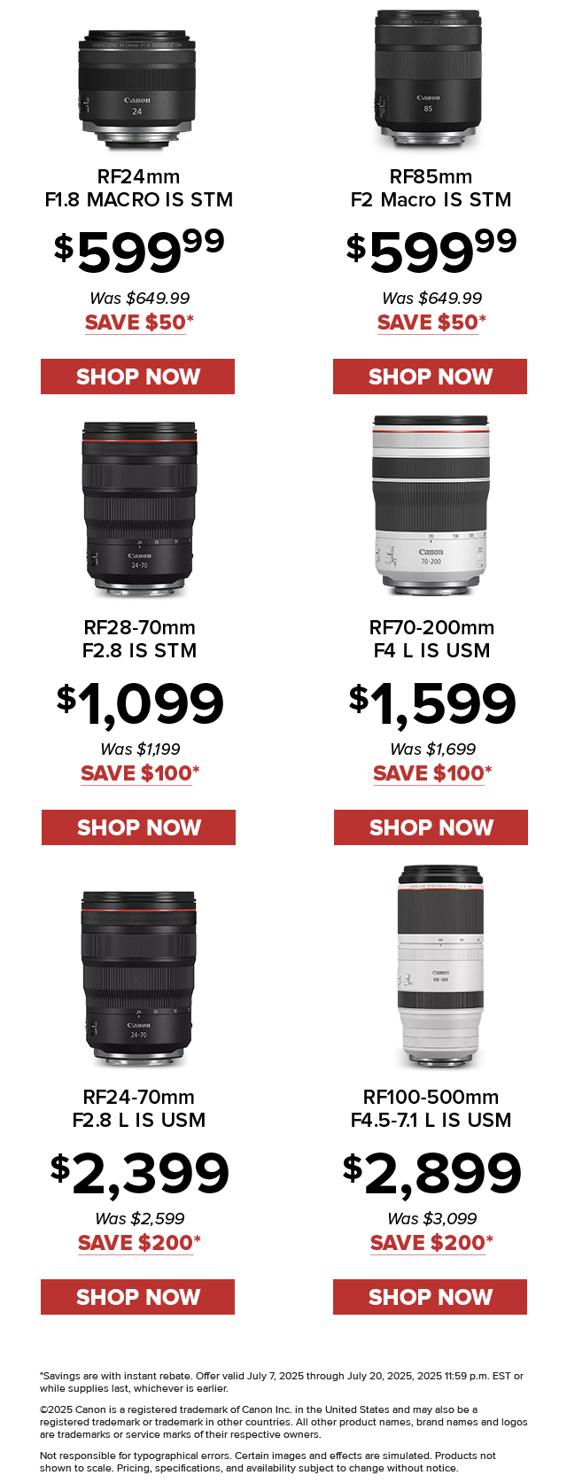 Canon RF lenses instant savings - Mid July 2025 - July 7-20m 2025