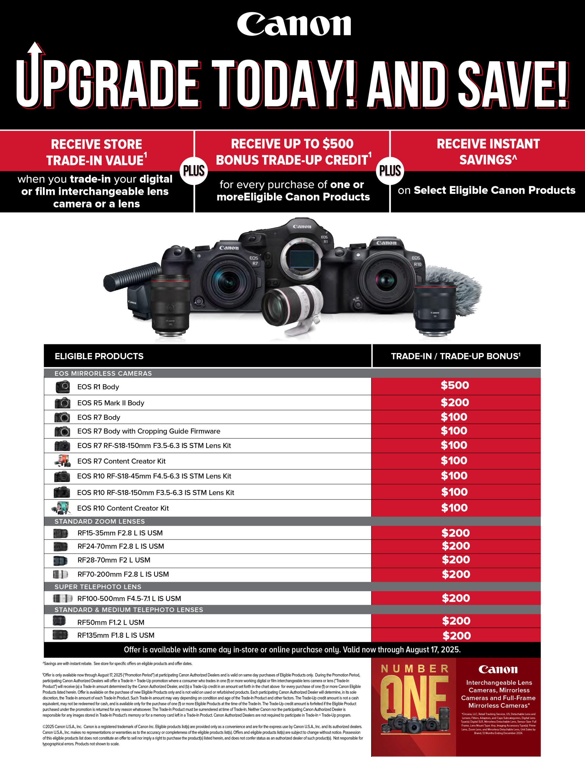 Trade-In / Trade-Up with Canon this August - Receive store trade-in value plus receive up to $500 bonus trade-up credit plus receive instant savings - valid through 8/17/25